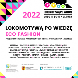 Plakat informujący o projekcie "Lokomotywą po wiedzę".Tło plakatu białe. U góry narysowana lokomotywa z kolorowymi akcentami. Po lewej stronie kolorowe trójkąty