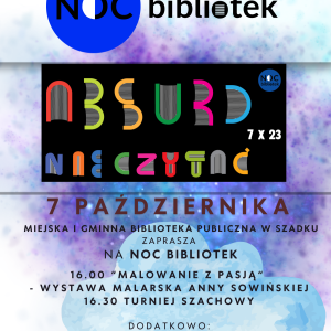 Kolorowy plakat zapraszający na Noc Bibliotek. U góry logo akcji