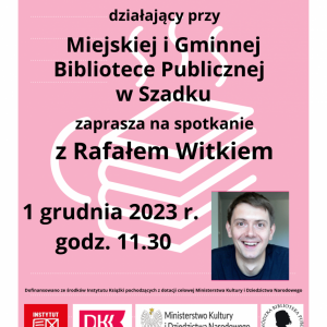 Plakat w kolorze różowym. W tle grafika książek i kubka. 