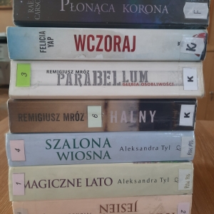 Stos książek ustawionych poziomo, grzbietem okładki do przodu