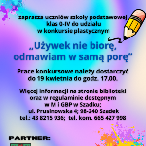 Kolorowy plakat informujący o konkursie plastycznym.