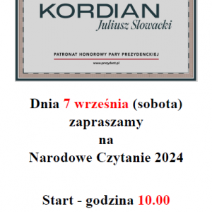 Plakat promujący Narodowe Czytanie. Na białym tle czarne i czerwone napisy.