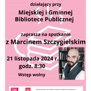 Plakat w kolorze różowym. W tle grafika książek i kubka.