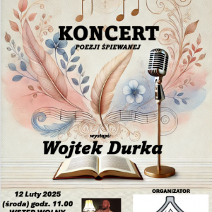 Na plakacie zdjęcie artysty. Nad zdjęciem grafika przedstawiająca książkę, mikrofon i motyw kwiatowy.