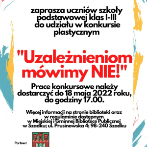 Plakat informujący o konkursie plastycznym. Tło plakatu w kolorach niebieskim, różowym i żółtym. Na plakacie czarne i czerwone napisy. Na dole herb Szadku (Rycerz stojący w bramie zamku). Herb w kolorach czerwono-zielono-białym. 