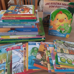 W bibliotece. Na stoliku ustawione książki. 