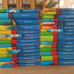 W bibliotece. Na stoliku ustawione książki. W tle regały z książkami.