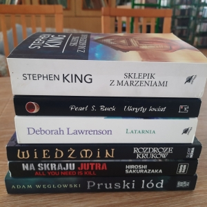 W bibliotece. Na stoliku ustawione książki. W tle regały z książkami.