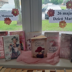 W bibliotece. Na parapecie ustawione książki.