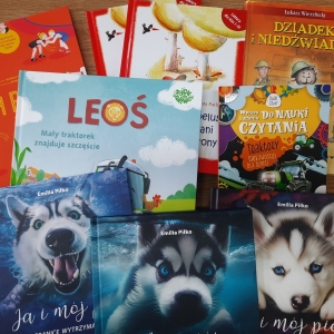 Na stoliku ułożone książki.