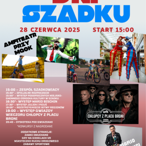 Kolorowy plakat. Na plakacie zdjęcia artystów i atrakcji, które będą w tym dniu.