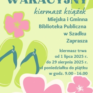 Plakat, zielone tło. Na nim różowe kwiaty i klapki.