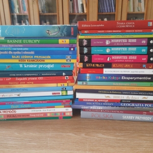 W bibliotece. Na stoliku ustawione książki. W tle regały z książkami.
