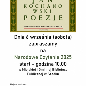 Plakat informujący o Narodowym Czytaniu. Napisy w kolorach czarnym i zielonym. 