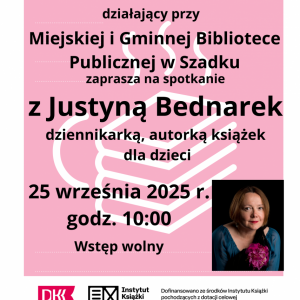 Plakat w kolorze różowym. W tle grafika książek i kubka.