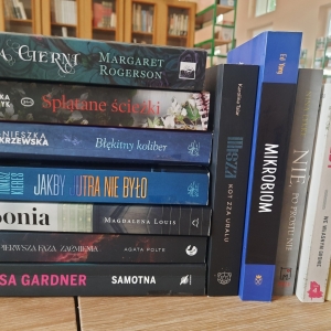 W bibliotece. Na stoliku ustawione książki. W tle regały z książkami.