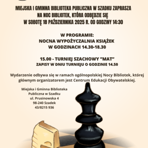 Informacje na temat turnieju szachowego na beżowym tle. Na dole strony grafika z szachownicą i figurami szachowymi.