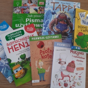 W bibliotece. Na stoliku ułożone książki.