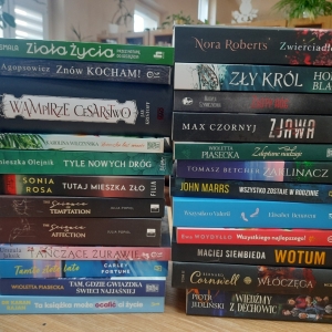 W bibliotece. Na stoliku ułożone książki.