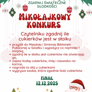 Świateczny plakat. Na nim Mikołaj i ozdoby świąteczne.