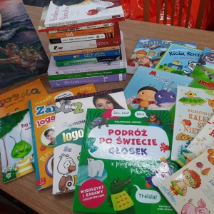 W bibliotece. Na stoliku ułożone książki.