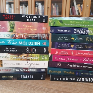 W bibliotece. Na stoliku ustawione książki. W tle regały z książkami.