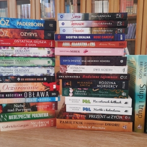 W bibliotece. Na stoliku ustawione książki. W tle regały z książkami.