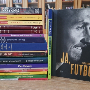 W bibliotece. Na stoliku ustawione książki. W tle regały z książkami.