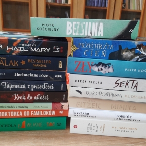 W bibliotece. Na stoliku ustawione książki. W tle regały z książkami.