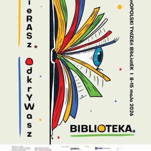 Na plakacie grafika książki z kolorowymi kartkami.