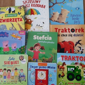 W bibliotece. Na stoliku ułożone książki.