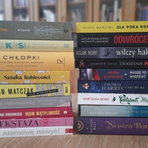 W bibliotece. Na stoliku ułożone książki. W tle regały z książkami.
