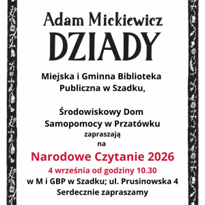 Plakat informujący o Narodowym Czytaniu. Napisy w kolorach czarnym i czerwonym.