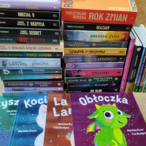 W bibliotece. Na stoliku ułożone książki. 