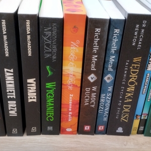 W bibliotece. Na stoliku ustawione książki. 