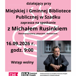 Plakat w kolorze różowym. W tle grafika książek i kubka.