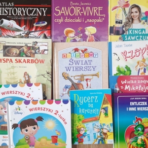 W bibliotece. Na stoliku ułożone książki. 