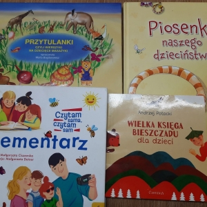 W bibliotece. Na stoliku ułożone książki. 