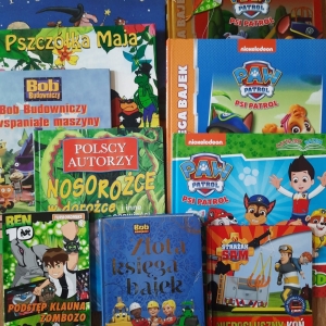 W bibliotece. Na stoliku ułożone książki. 
