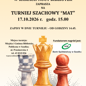 Informacje na temat turnieju szachowego na beżowym tle. Na dole strony grafika z figurami szachowymi.