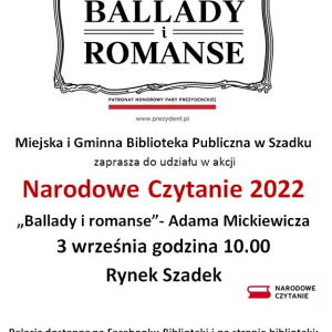 Plakat informujący o akcji "Narodowe Czytanie". Czerwono-czarne litery na białym tle. U góry plakatu ozdobna ramka.