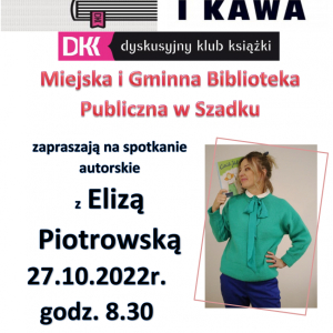 Plakat informujący o spotkaniu autorskim. Litery w kolorze czarnym i różowym. Po prawej stronie zdjęcie autorki